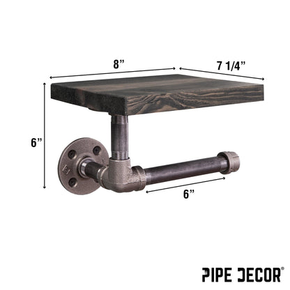 6 in. Wall-Mounted Pipe Toilet Paper Holder with Wood Shelf, Boulder Black PIPE DECOR