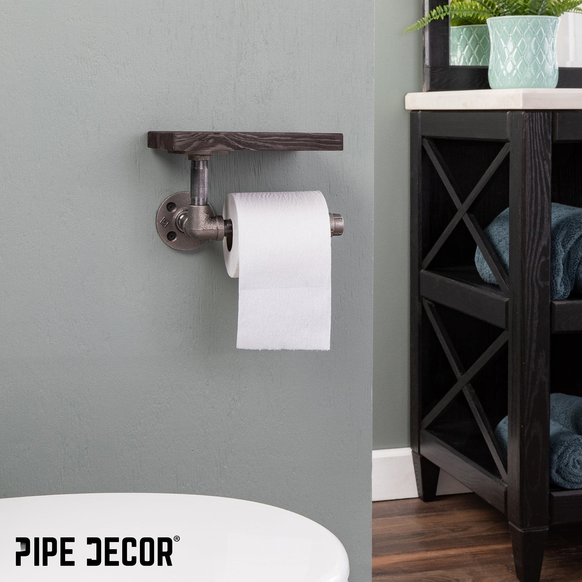 6 in. Wall-Mounted Pipe Toilet Paper Holder with Wood Shelf, Boulder Black PIPE DECOR