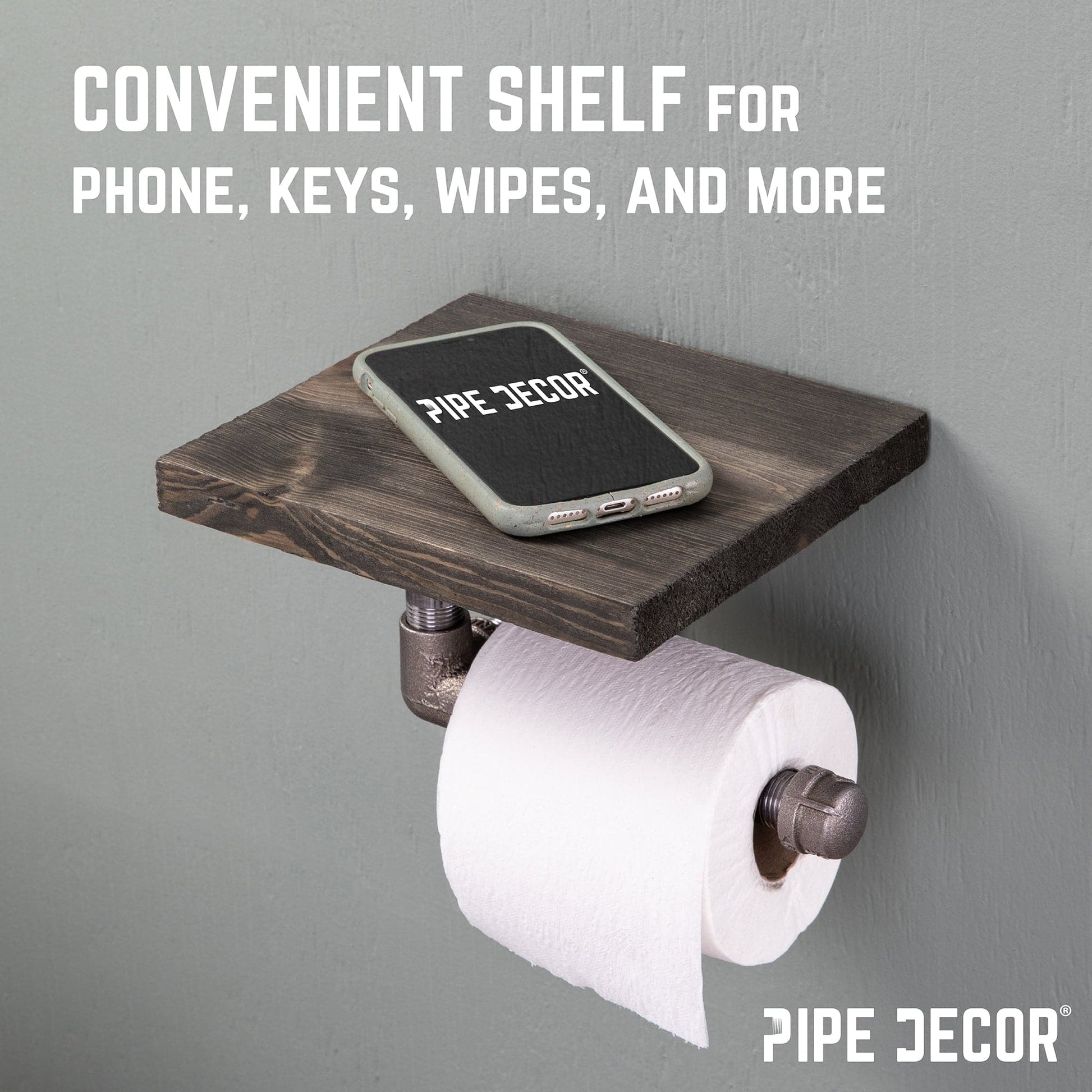 6 in. Wall-Mounted Pipe Toilet Paper Holder with Wood Shelf, Boulder Black PIPE DECOR
