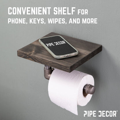 6 in. Wall-Mounted Pipe Toilet Paper Holder with Wood Shelf, Boulder Black PIPE DECOR