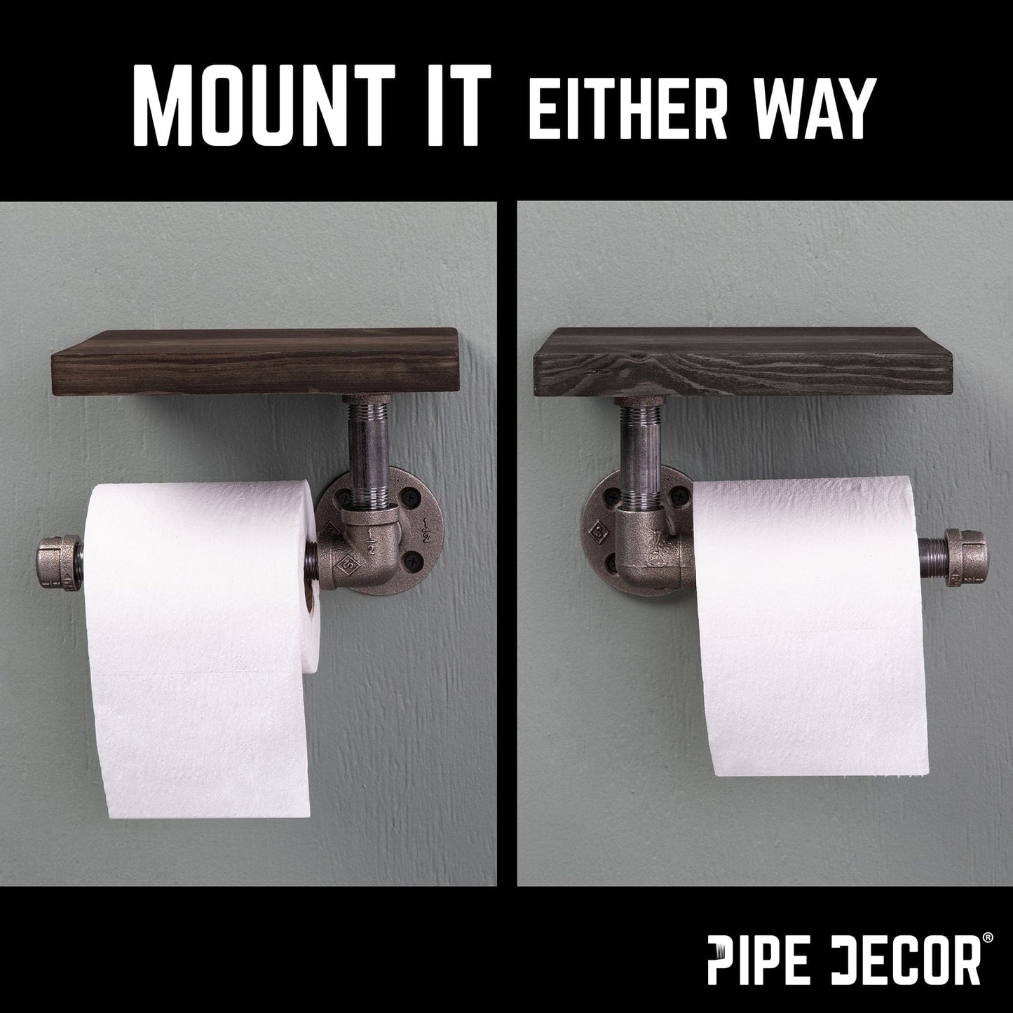 6 in. Wall-Mounted Pipe Toilet Paper Holder with Wood Shelf, Boulder Black PIPE DECOR