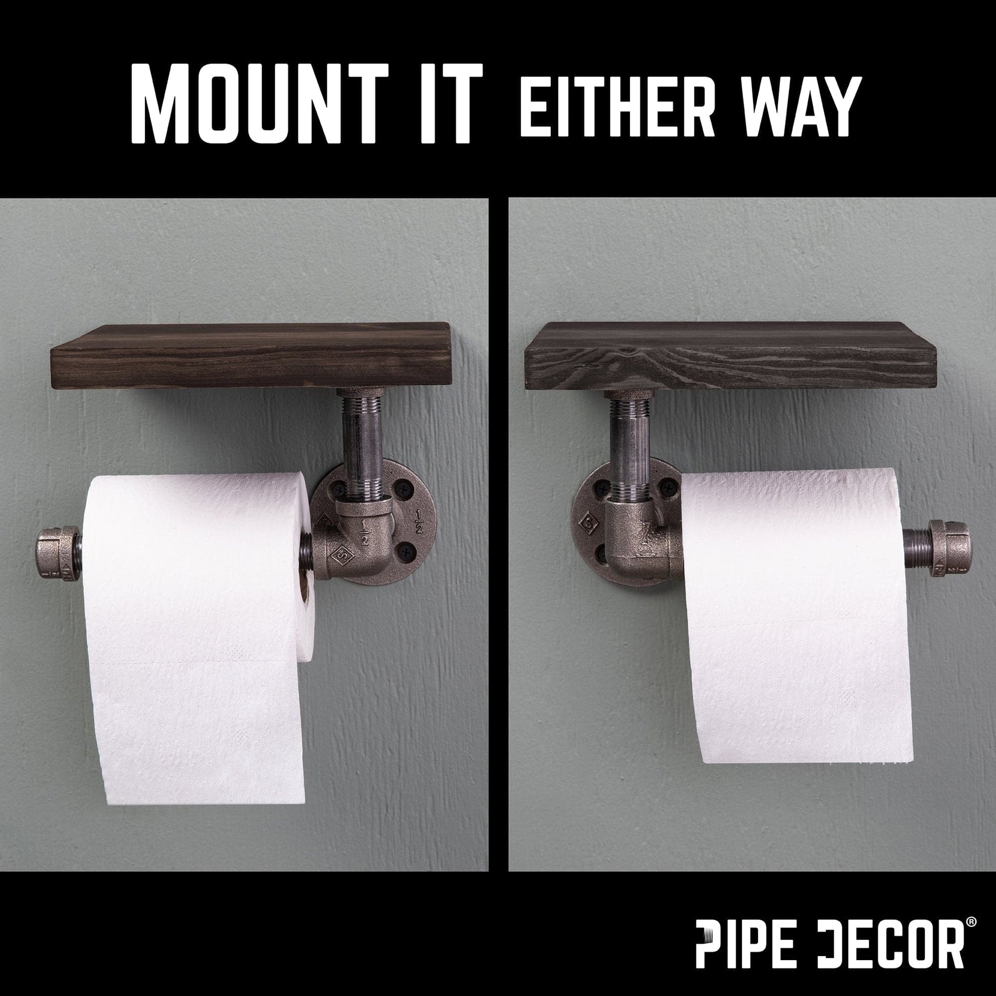 6 in. Wall-Mounted Pipe Toilet Paper Holder with Wood Shelf, Boulder Black PIPE DECOR