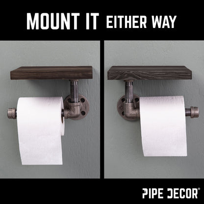 6 in. Wall-Mounted Pipe Toilet Paper Holder with Wood Shelf, Boulder Black PIPE DECOR
