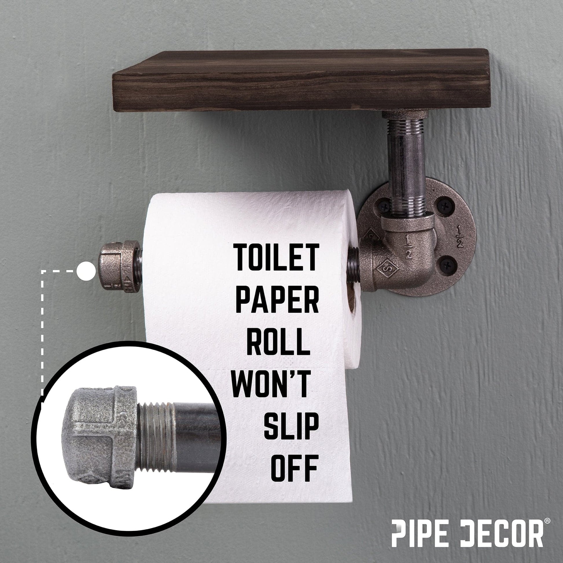 6 in. Wall-Mounted Pipe Toilet Paper Holder with Wood Shelf, Boulder Black PIPE DECOR