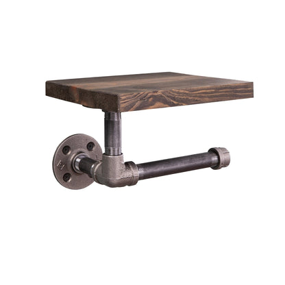 6 in. Wall-Mounted Pipe Toilet Paper Holder with Wood Shelf, Trail Brown PIPE DECOR