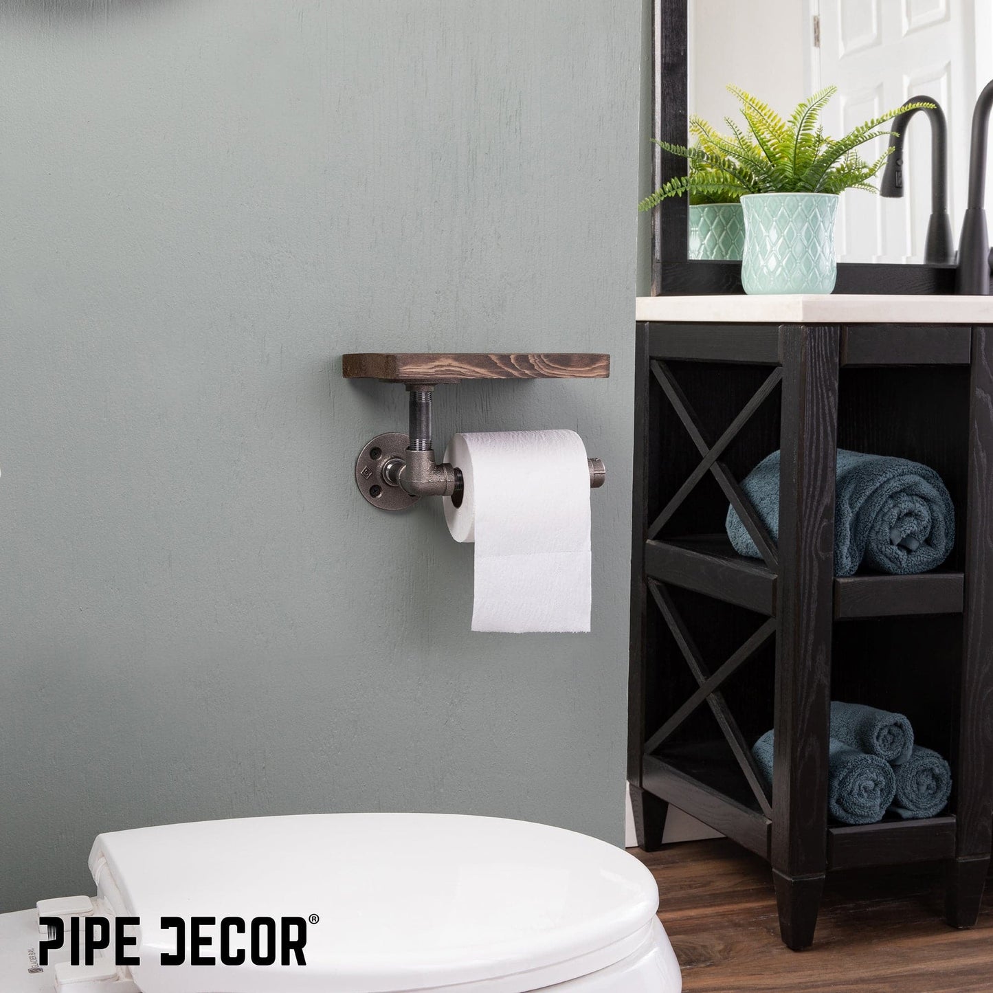 6 in. Wall-Mounted Pipe Toilet Paper Holder with Wood Shelf, Trail Brown PIPE DECOR
