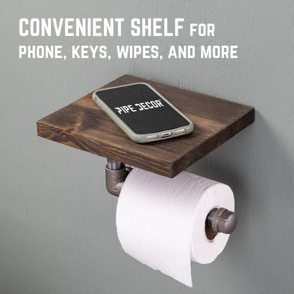 6 in. Wall-Mounted Pipe Toilet Paper Holder with Wood Shelf, Trail Brown PIPE DECOR