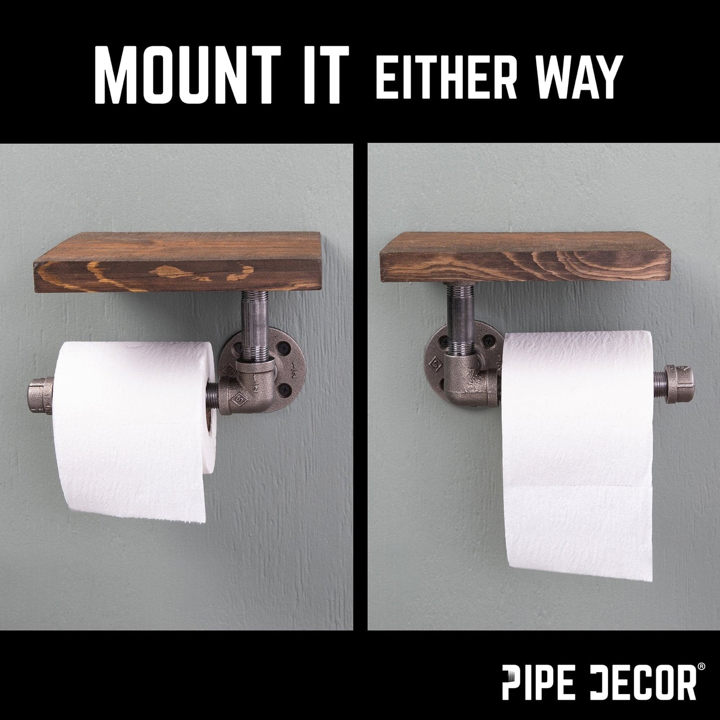 6 in. Wall-Mounted Pipe Toilet Paper Holder with Wood Shelf, Trail Brown PIPE DECOR