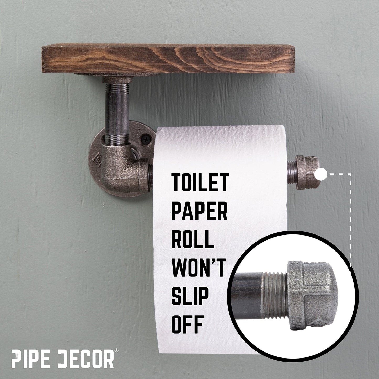 6 in. Wall-Mounted Pipe Toilet Paper Holder with Wood Shelf, Trail Brown PIPE DECOR
