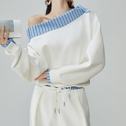 Two Piece Set Of Blue And White Striped Collared Sloping Shoulder Hoodie And Wide Leg Pants See size chart under “more details” The Fashion Celestial