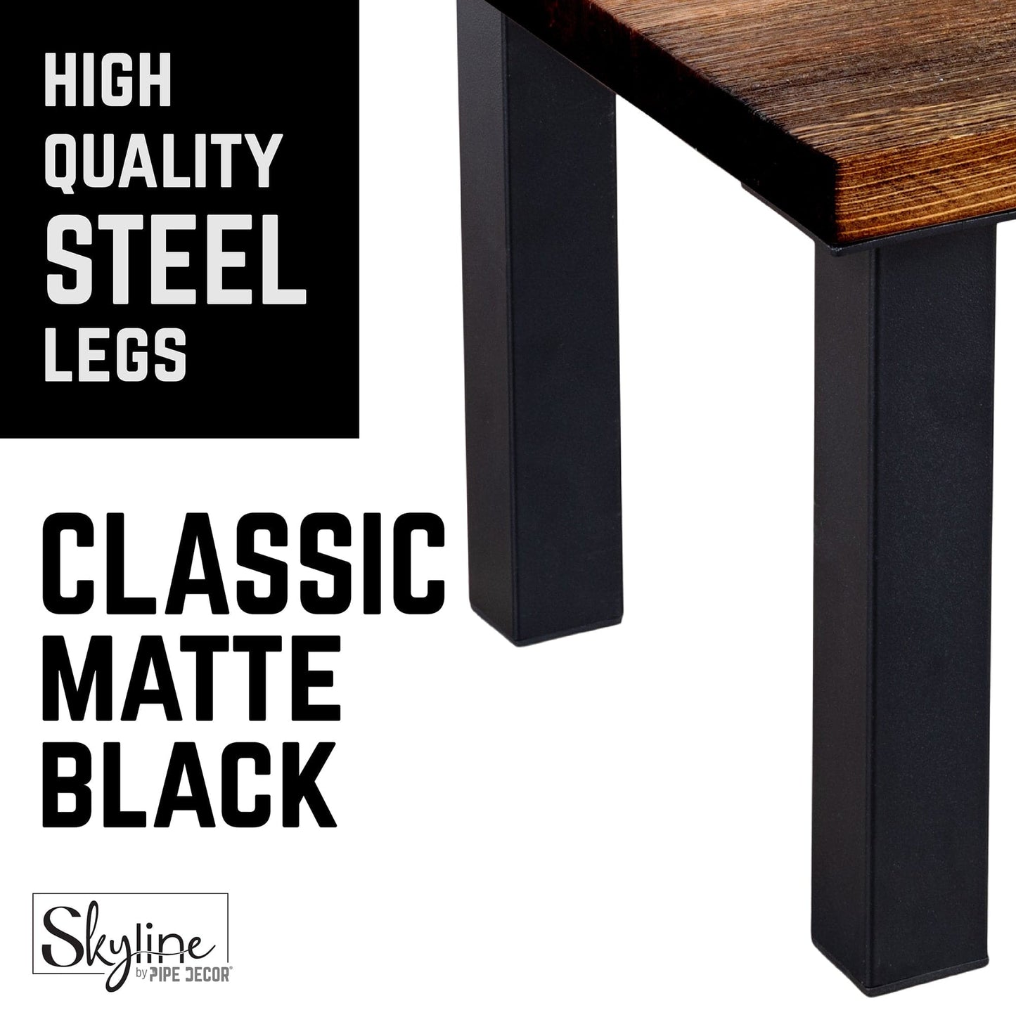 12 in. Skyline Matte Black Square Metal High-Rise Coffee Table Legs - 4 Pack PIPE DECOR