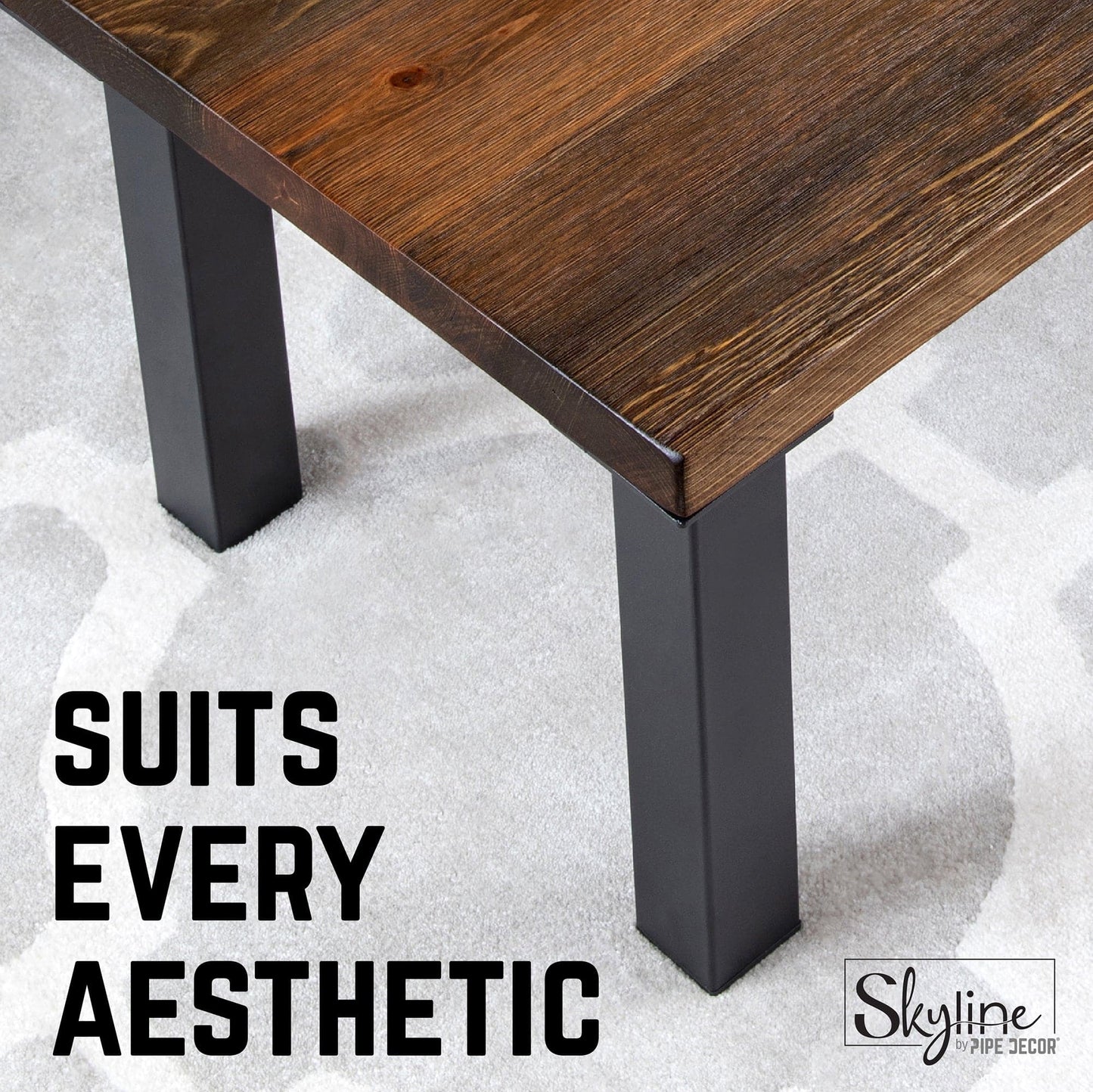 12 in. Skyline Matte Black Square Metal High-Rise Coffee Table Legs - 4 Pack PIPE DECOR