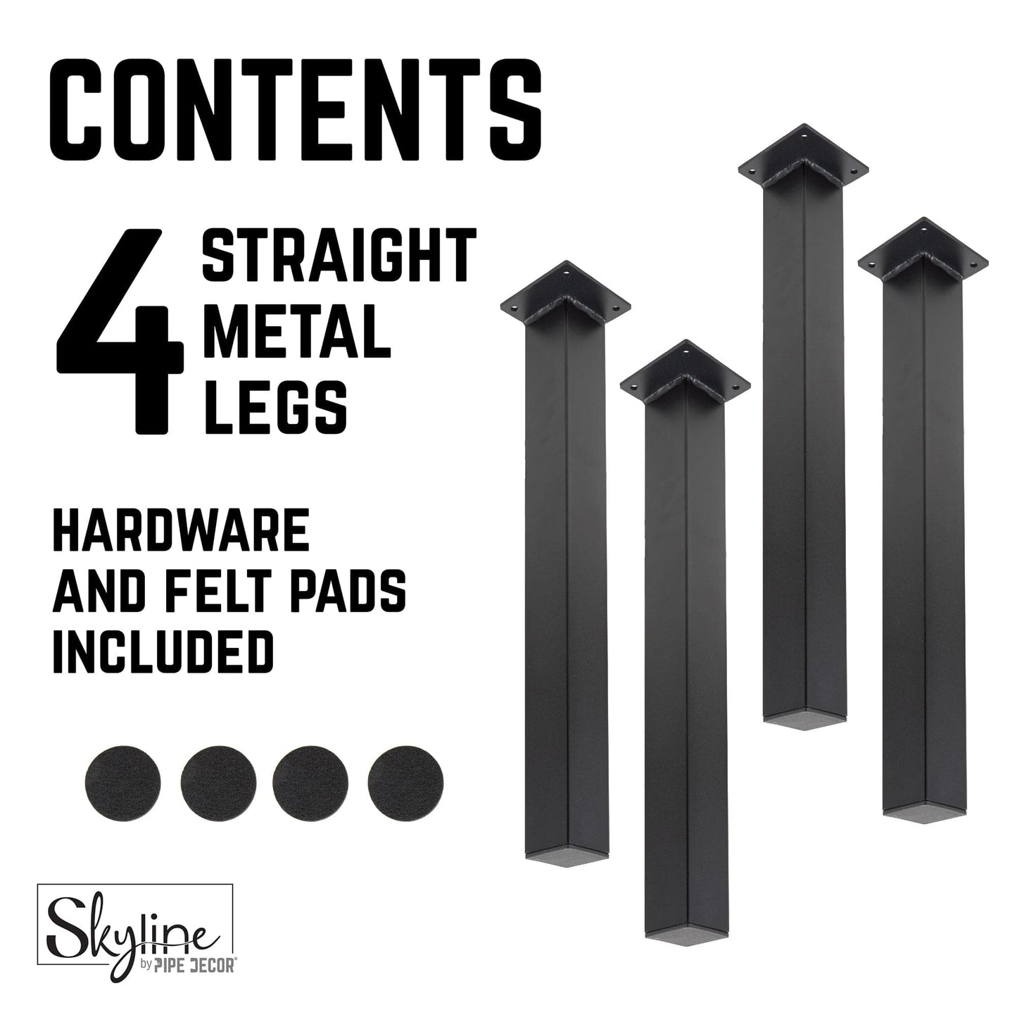 12 in. Skyline Matte Black Square Metal High-Rise Coffee Table Legs - 4 Pack PIPE DECOR
