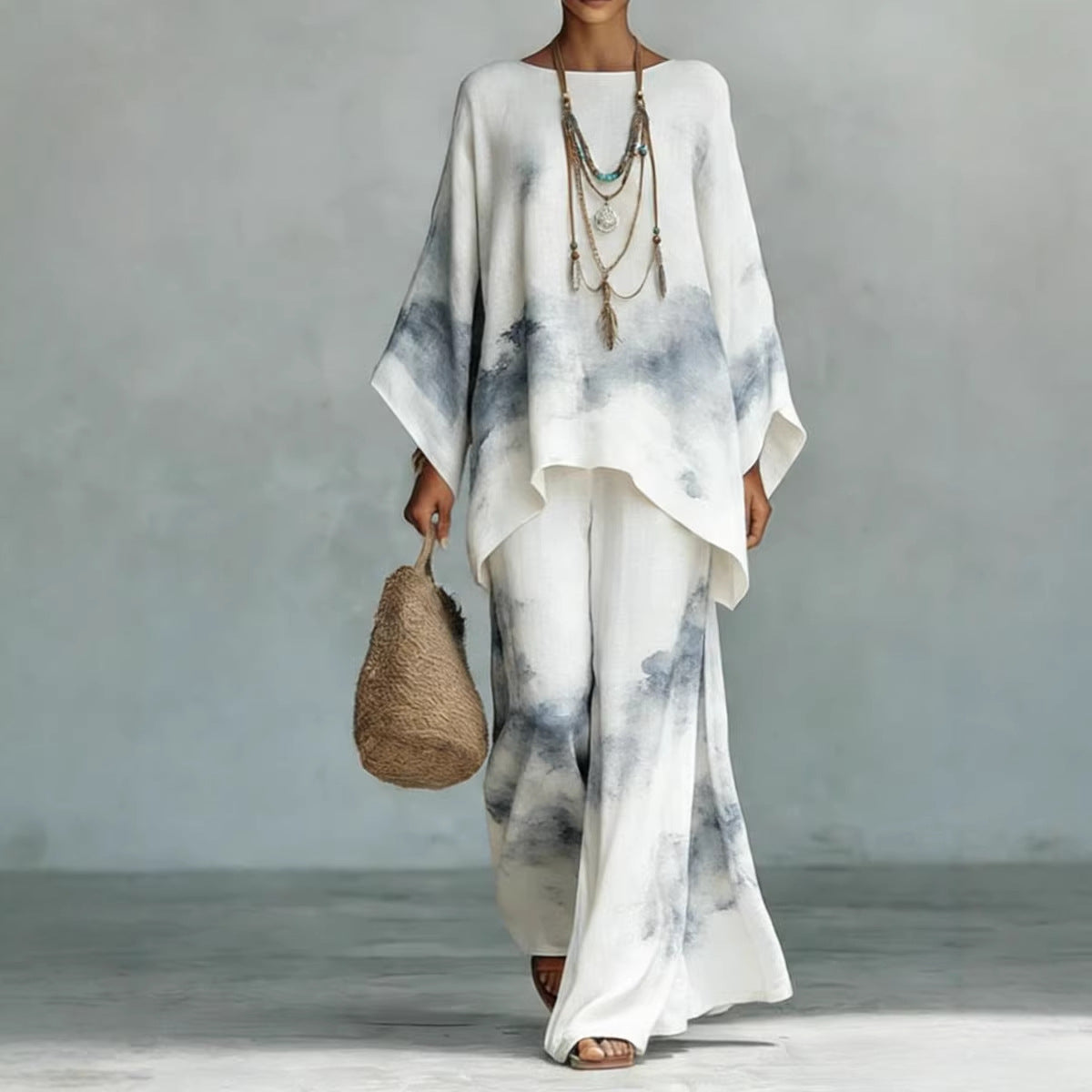 Floral Print Bamboo Linen Two-Piece Set | Wide-Leg Pants FitiqueFit
