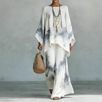 Floral Print Bamboo Linen Two-Piece Set | Wide-Leg Pants FitiqueFit