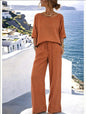 Women's Cotton Linen Resort Set – Short Sleeve Top & Wide-Leg Pants FitiqueFit