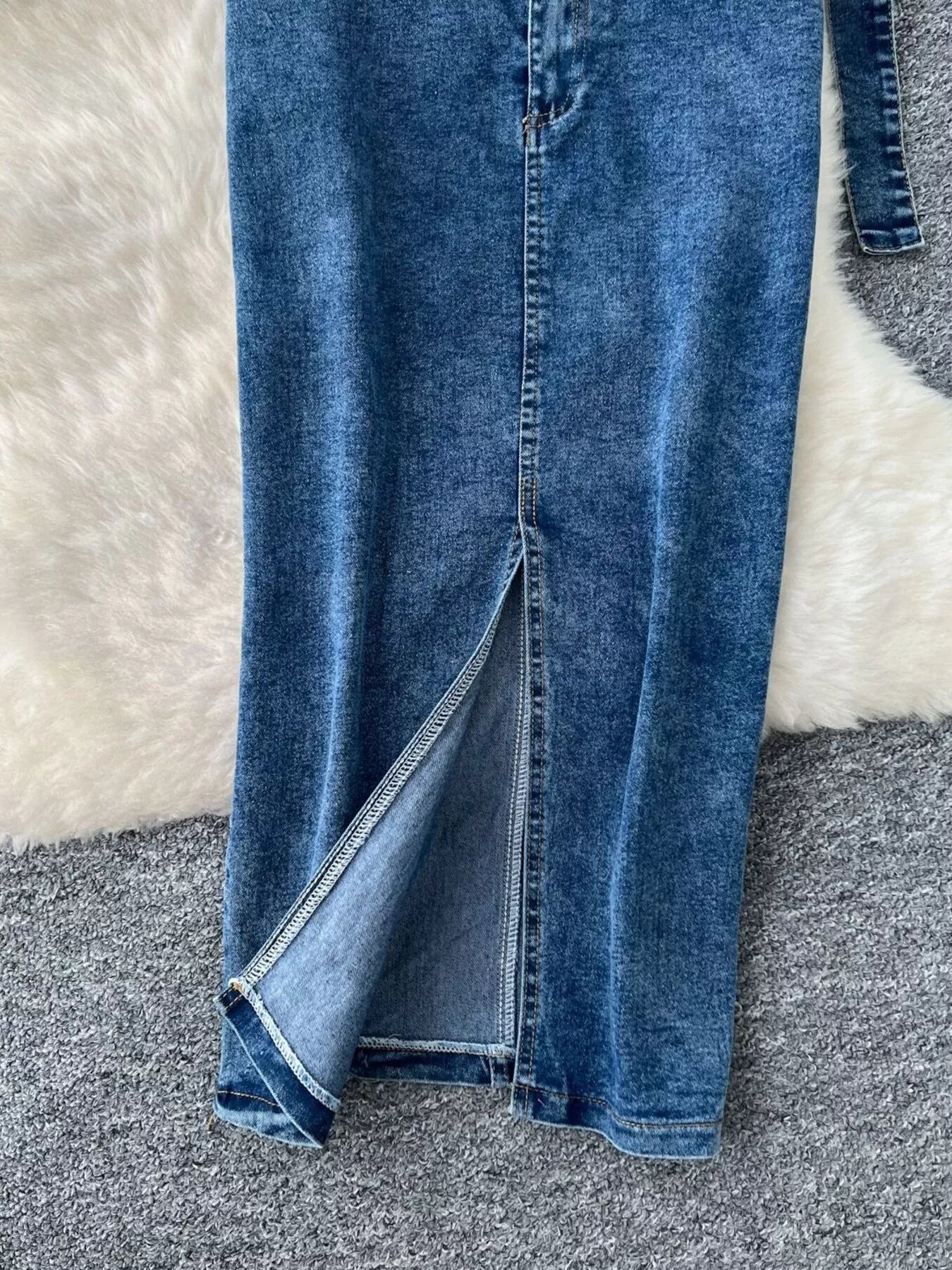 Frayed Denim Patchwork Top & Slit Maxi Skirt Denim Set New Era Fashion LLc