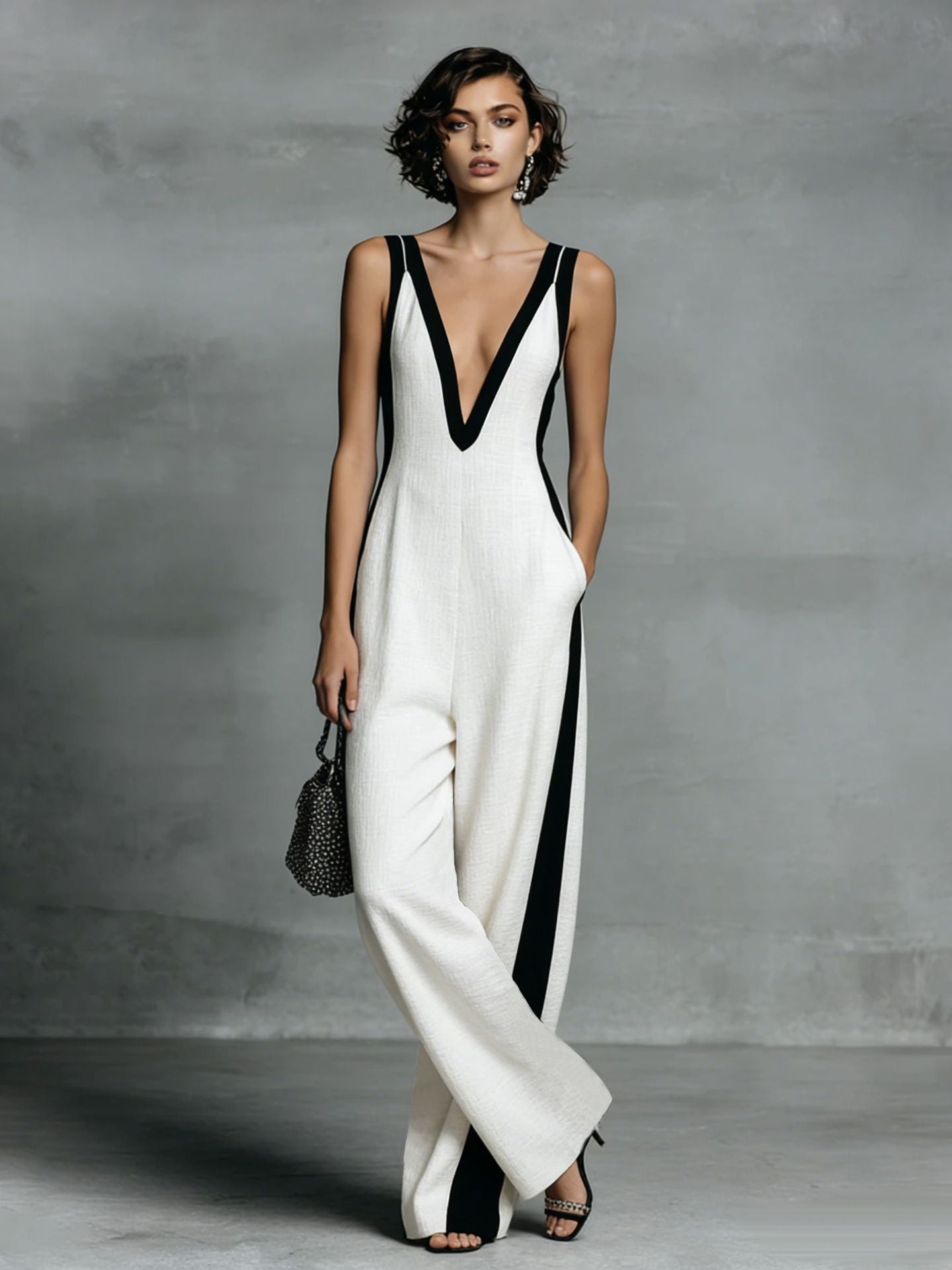 Women's Color-Block Sleeveless V-Neck Wide-Leg Jumpsuit – French Style Long Pants FitiqueFit
