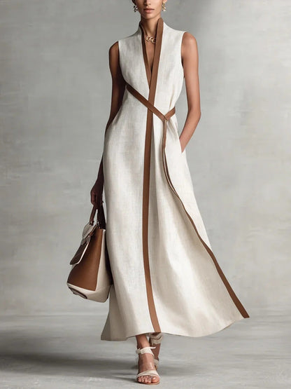 Women's Color Block Sleeveless Stand Collar Linen Blend Dress FitiqueFit