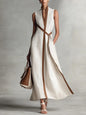 Women's Color Block Sleeveless Stand Collar Linen Blend Dress FitiqueFit