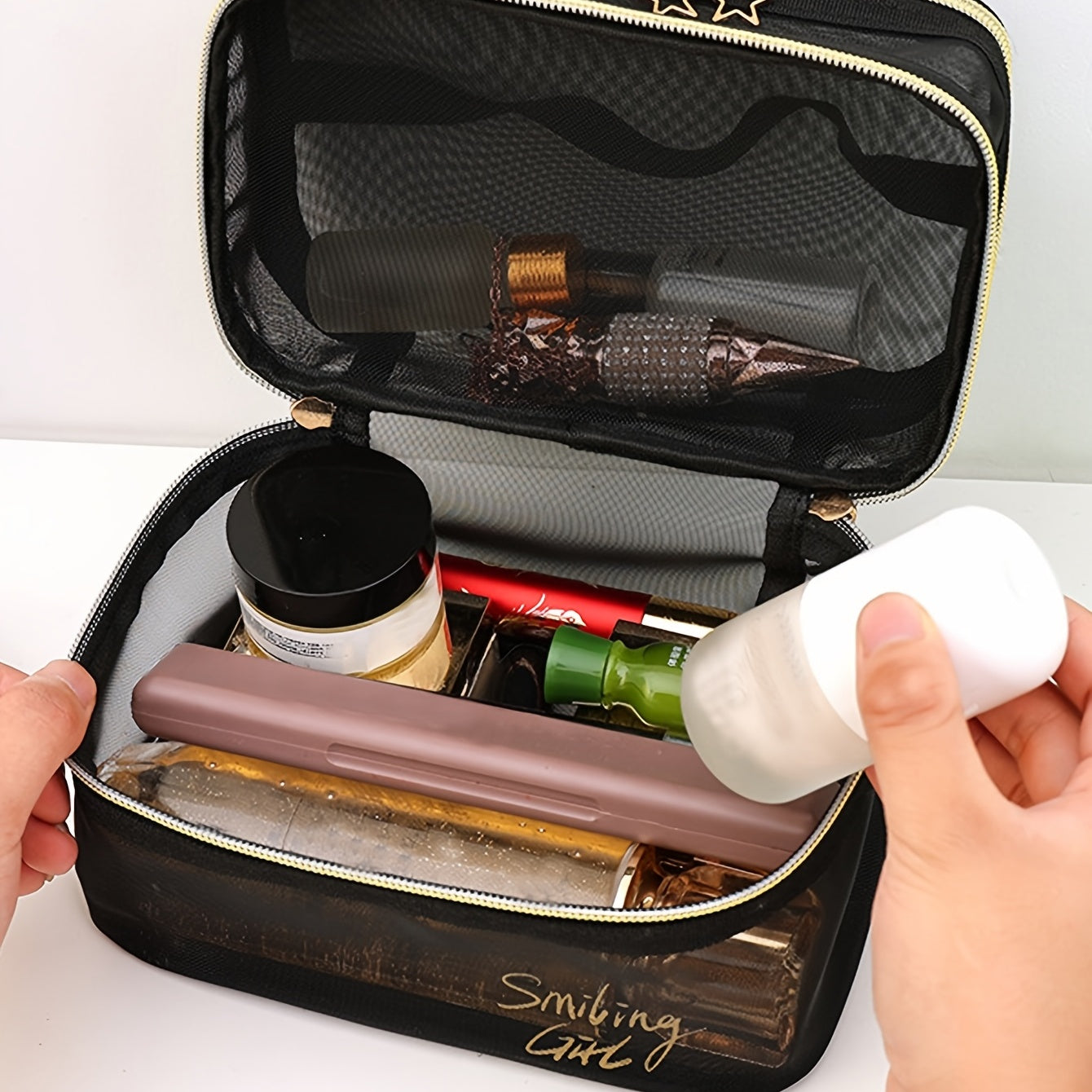 Double Layer Makeup Clear Mesh Purse Toiletry Cosmetic Bags Womens Portable Organizer Travel Size Beach Tote, Zipper Makeup Storage Vacation Must Haves NovaCart