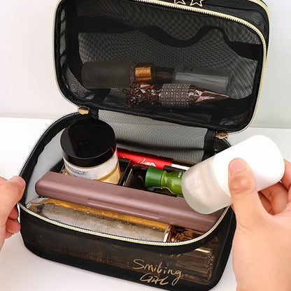 Double Layer Makeup Clear Mesh Purse Toiletry Cosmetic Bags Womens Portable Organizer Travel Size Beach Tote, Zipper Makeup Storage Vacation Must Haves NovaCart