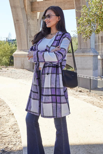 Double Take Full Size Plaid Button Up Lapel Collar Coat West2East Surf