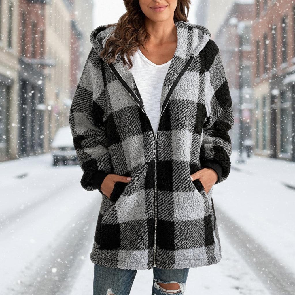Plaid Hooded Zip-Up Oversized Jacket — Women’s Winter Commute Coat FitiqueFit