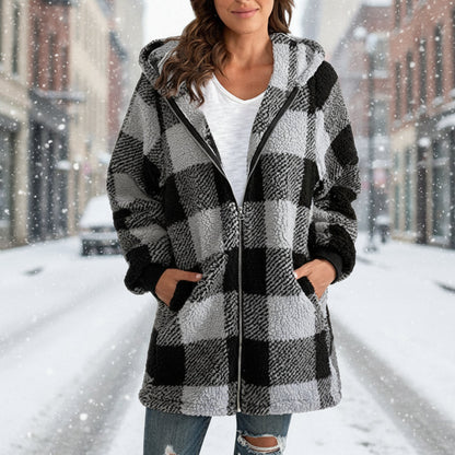 Plaid Hooded Zip-Up Oversized Jacket — Women’s Winter Commute Coat FitiqueFit