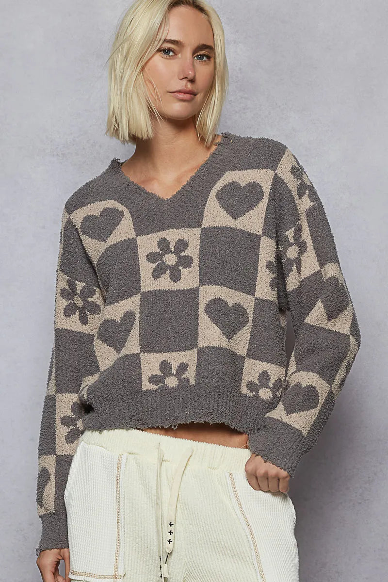 POL V-Neck Heart Pattern Checkered Sweater West2East Surf