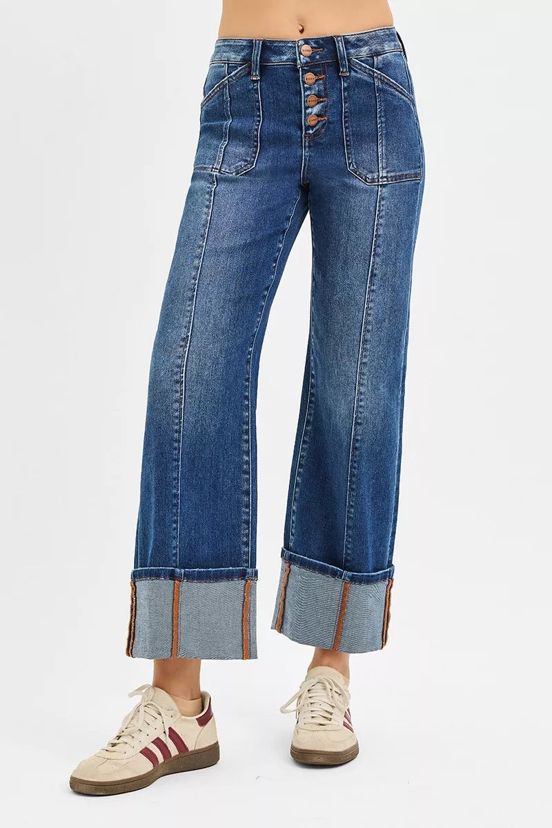 RISEN Full Size High Rise Crop Wide Straight Cuffed Jeans Plus Size Garden Naked Curves