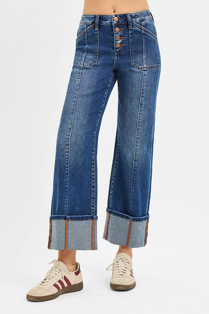 RISEN Full Size High Rise Crop Wide Straight Cuffed Jeans Plus Size Garden Naked Curves