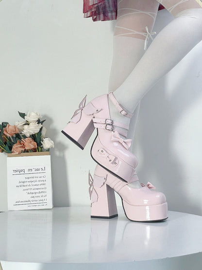 Rivet Bow Round Toe Bright Leather Platform Thick High Heels See size chart under “more details” The Fashion Celestial