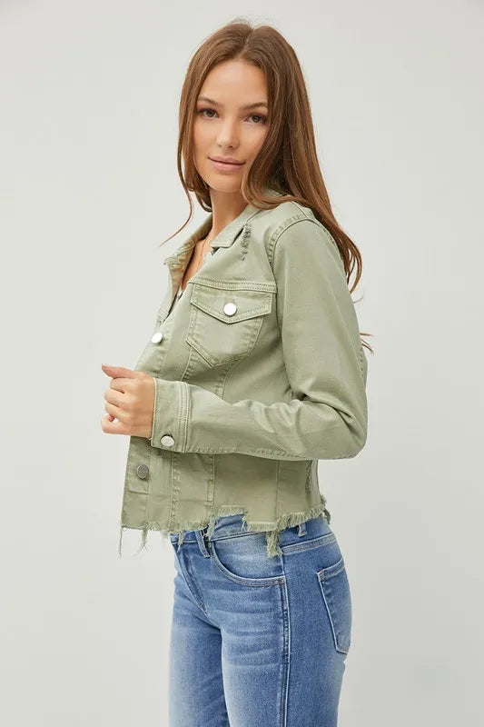 RISEN Full Size Raw Hem Button Up Cropped Denim Jacket Plus Size West2East Surf