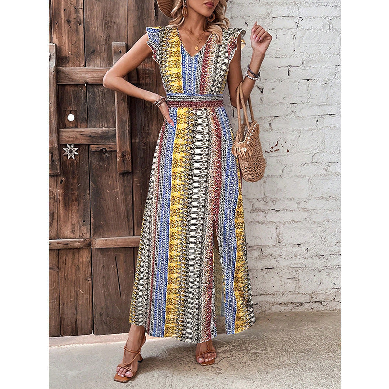 Women's Boho Geometric Print Puff Sleeve A-Line Maxi Dress – 3 Colors S–XL FitiqueFit