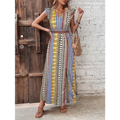 Women's Boho Geometric Print Puff Sleeve A-Line Maxi Dress – 3 Colors S–XL FitiqueFit