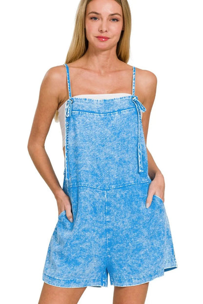 Zenana Washed Linen Knot Strap Rompers West2East Surf