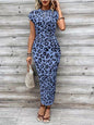 Elegant Waist Strap Striped Round Neck Short Sleeve And Long Pattern Dress Grayceful LLC