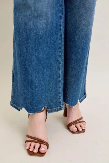 Judy Blue Full Size High Waist Tummy Control Chew Hem Destroy Wide Jeans Plus Size Garden Naked Curves