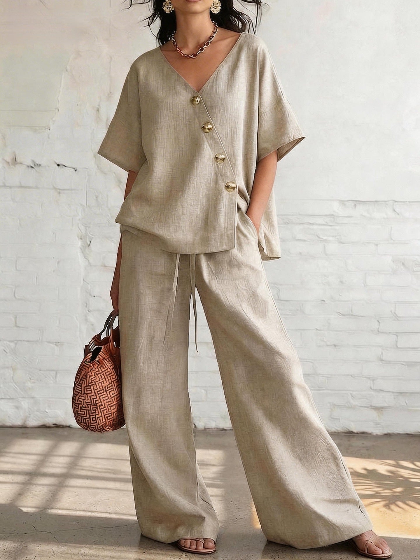 Women's Loose Cotton-Linen V-Neck Top & Wide-Leg Pants Set FitiqueFit