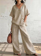 Women's Loose Cotton-Linen V-Neck Top & Wide-Leg Pants Set FitiqueFit