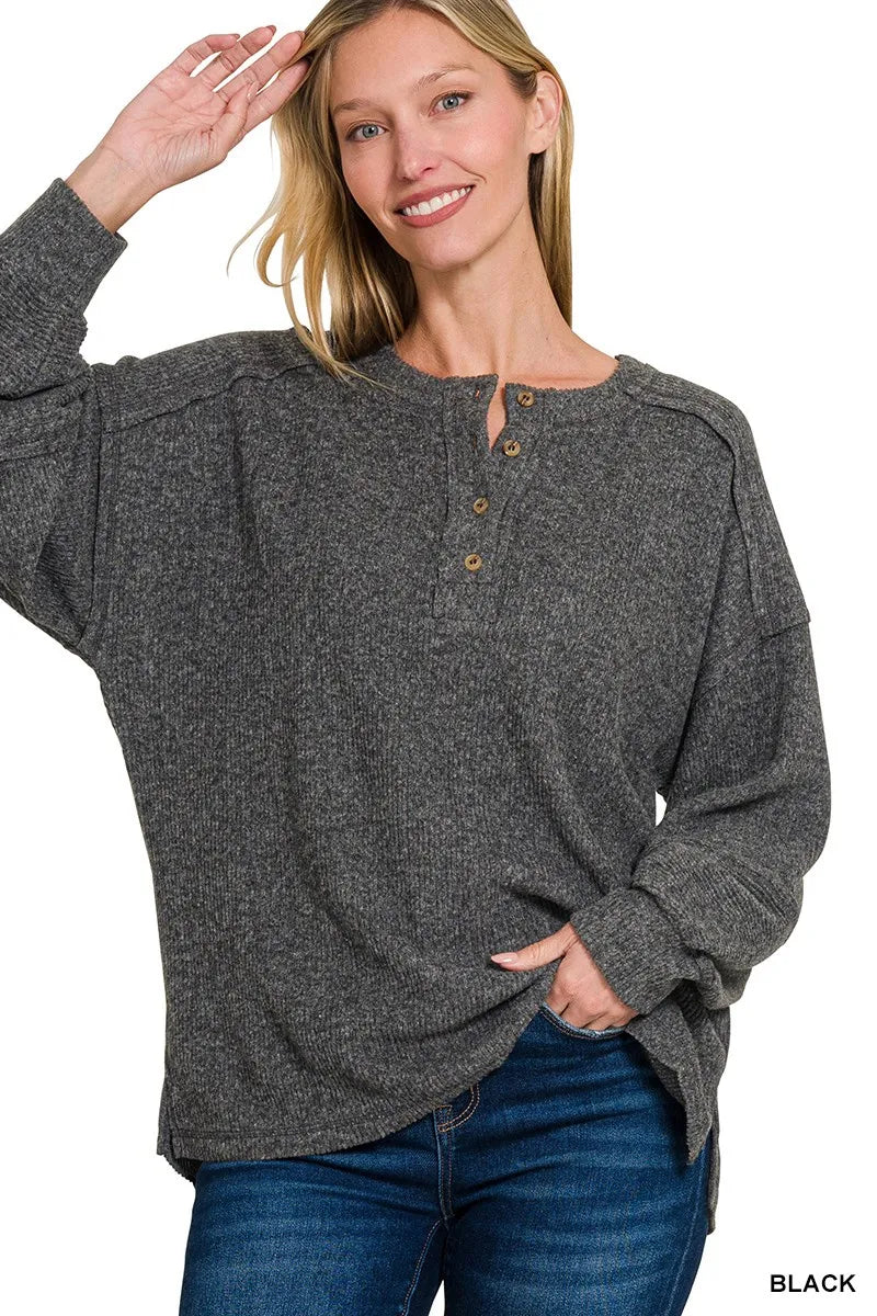 Zenana Full Size Ribbed Brushed Hacci Melange Henley Sweater Plus Size Garden Naked Curves