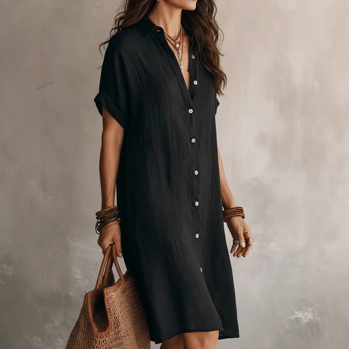 Women's Buttoned Midi Shirt Dress – Short Sleeve Cotton Linen FitiqueFit
