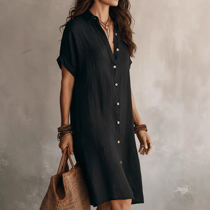 Women's Buttoned Midi Shirt Dress – Short Sleeve Cotton Linen FitiqueFit