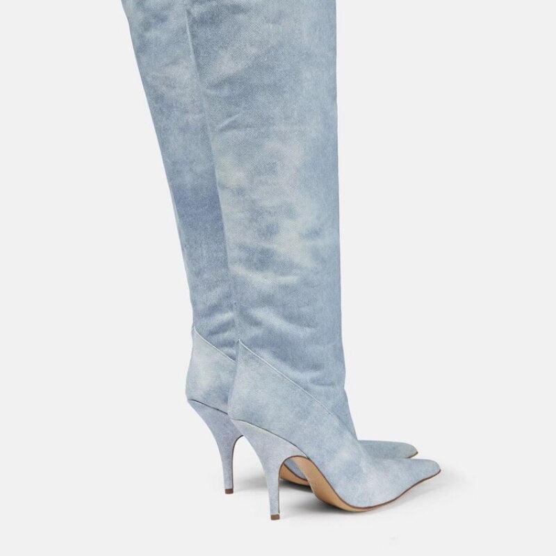 Women's Ultra-High Heel Denim Pointed Toe Catwalk Knee Boots Country in My Heart
