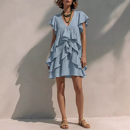 Women's V-Neck Ruffle Sleeve Casual Loose Dress FitiqueFit