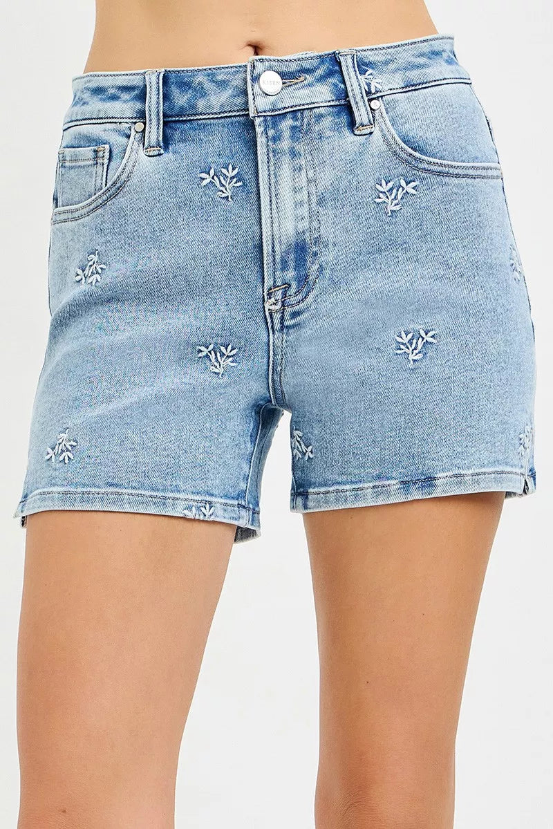 RISEN High Rise Denim Shorts with Embroidered Detail New Era Fashion LLc