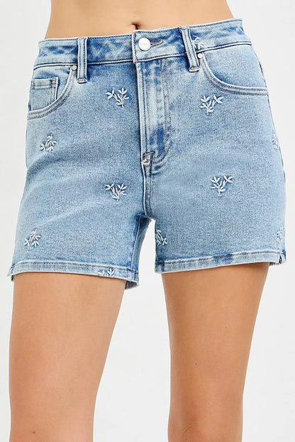 RISEN High Rise Denim Shorts with Embroidered Detail New Era Fashion LLc