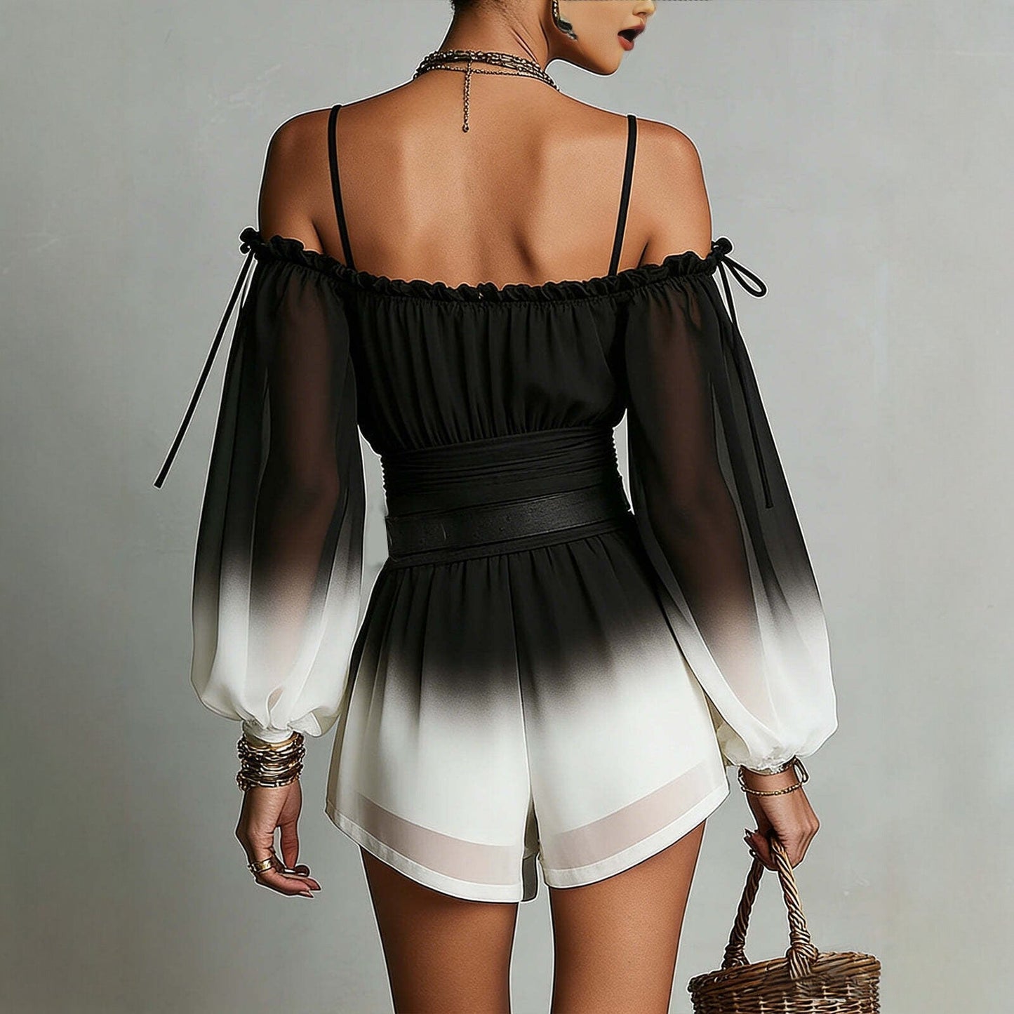 Off-Shoulder Ombre Puff-Sleeve Chiffon Jumpsuit with Belt FitiqueFit