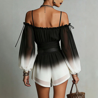 Off-Shoulder Ombre Puff-Sleeve Chiffon Jumpsuit with Belt FitiqueFit